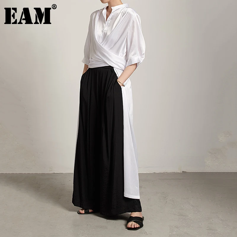 [EAM] Moterys, Balta Mygtuką Tvarstis didelio Dydžio Palaidinė Naujas Medynas Apykakle ilgomis Rankovėmis Loose Fit Marškinėliai Mados Pavasario Rudens 2021 JU814