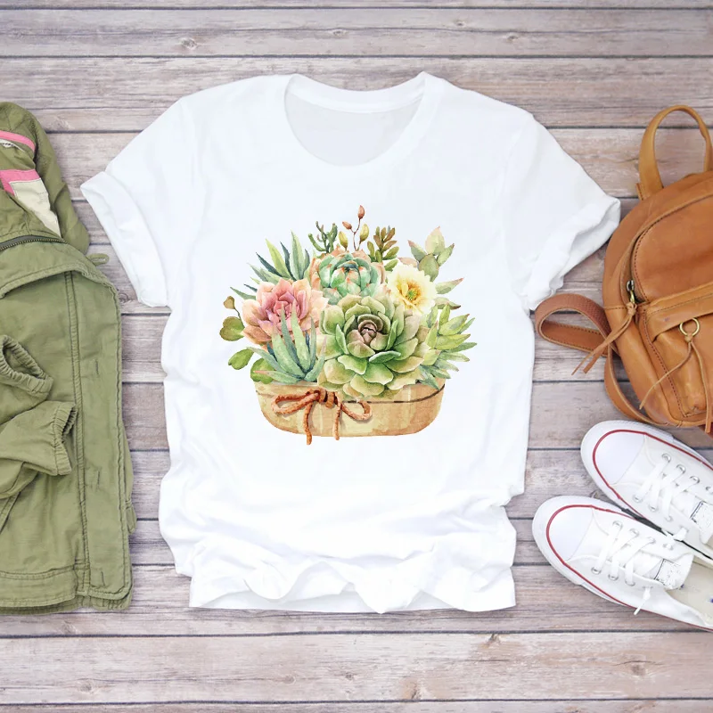 Moterims Gėlių, Augalų Animacinių filmų Streetwear Mergina Kaktusas Spausdinti 90s Lady T-shirts Viršuje Moterų Graphic T Shirt Ladies Moterų Tee Marškinėliai