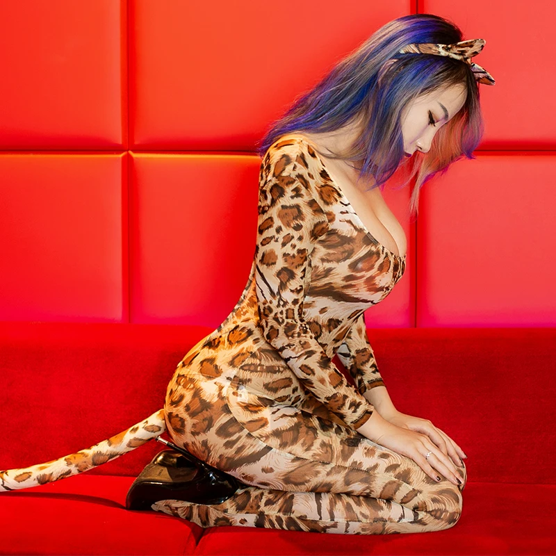 Seksuali Atvira Tarpkojo Leopard Jumpsuit Backless Matyti Per Porno Šalies Ponia Bodysuit Suaugusiųjų Seksualinė Fantazija Cosplay Pagundai Bodysuit