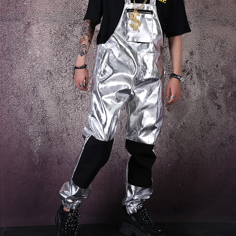 Vyrai Streetwear Hip-Hop, Punk Sidabro Odinis Kombinezonas Vyrų Blizga Metalo Jumpsuit Kelnės Mados Kombinezonai Su Antkrūtiniais Haremo Kelnių Etape Kostiumas