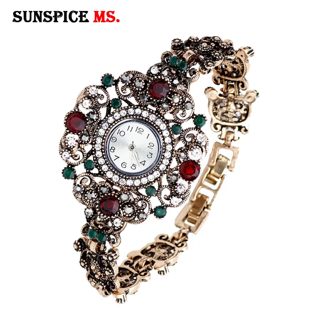 SUNSPICE MS Gėlių Turas Apyrankės Žiūrėti Moterų Laikrodis Kvarciniai Laikrodžiai Senovinių turkijos Laikrodis Indijos Nuotakos Antikvariniai Papuošalai