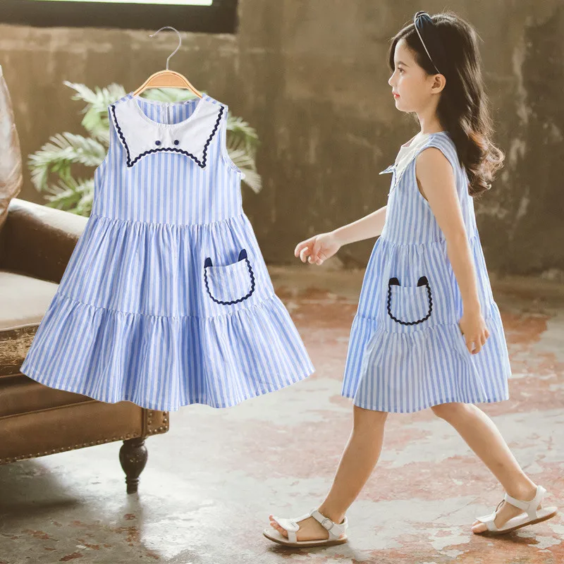 2020 Naujas Vasaros Vaikai Mėlyna Balta Dryžuota Suknelė Mergaitėms Mados Naujų Rankovių Mielas Kūdikis Dryžuota Suknelė Mergaitėms Jaunimo Drabužių