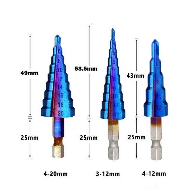 3Center Kieto Karbido Gręžimo P6M5 Super Blue Nano Danga Žingsnis Kūgio formos Grąžtas VNT 4-12 / 20 mm Grąžtas HSS Spiralės formos Griovelio