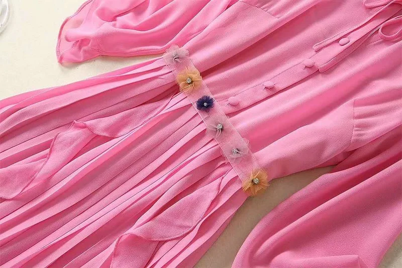2020 M. Rudens Mados Rožinė Ilga Suknelė Aukštos Kokybės Moterų Rankų Duobute Pynimas Gėlių Deco 3/4 Rankovės Elegantiškas Plisuotos Suknelė