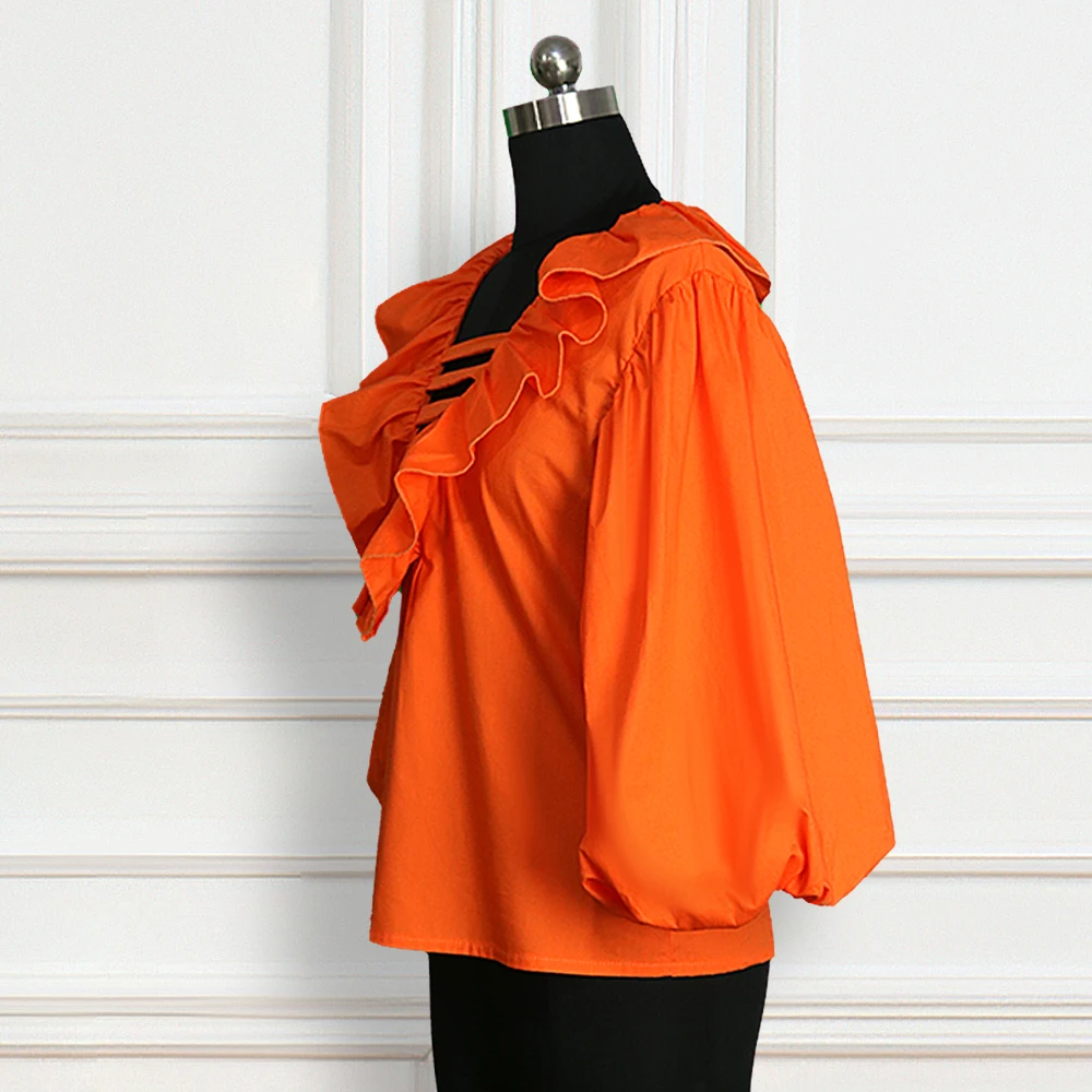 Moterų Palaidinė Didelis Žibintų Rankovėmis V-Kaklo Ruffles Tuščiaviduriai Iš Elegantiška Biuro Ponios Madingas Orange Mados Viršūnes Marškinėliai Bluas Plius Dydis