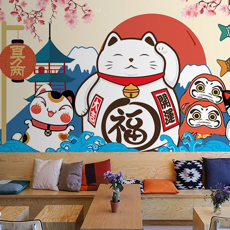 Japonų stiliaus vėjo pasisekė katė ramen užkandis suši restoranas tapetai ranka-dažytos animacinių filmų Japonų restoranas tapetai, freskos