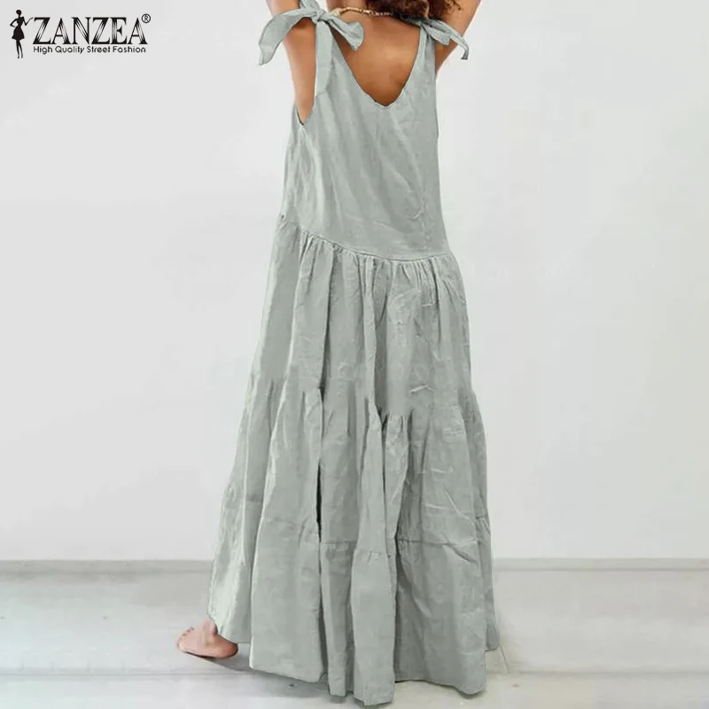 Mados Kietas Summer Maxi Dress ZANZEA 2021 Moterų Pynimas Sundress Nėrinių Bakas Vestidos Moterų Atsitiktinis Skraiste Femme Plius Dydis