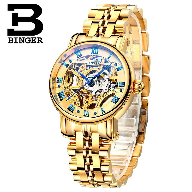 Šveicarija prabangūs moteriški laikrodžiai BINGER prekės ženklo Dvigubo Skeletas Mechaninė Laikrodžius safyras Nerūdijančio Plieno laikrodis B-5066L3