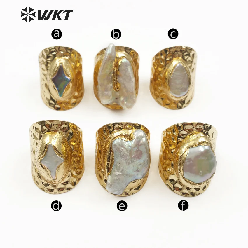 WKT WT-R328 Classic Vintage Bohemijos Natūralių Perlų Žiedas su Aukso Platų Formos, Reguliuojamas Moterų Fine Jewelry Žiedas Papuošalai
