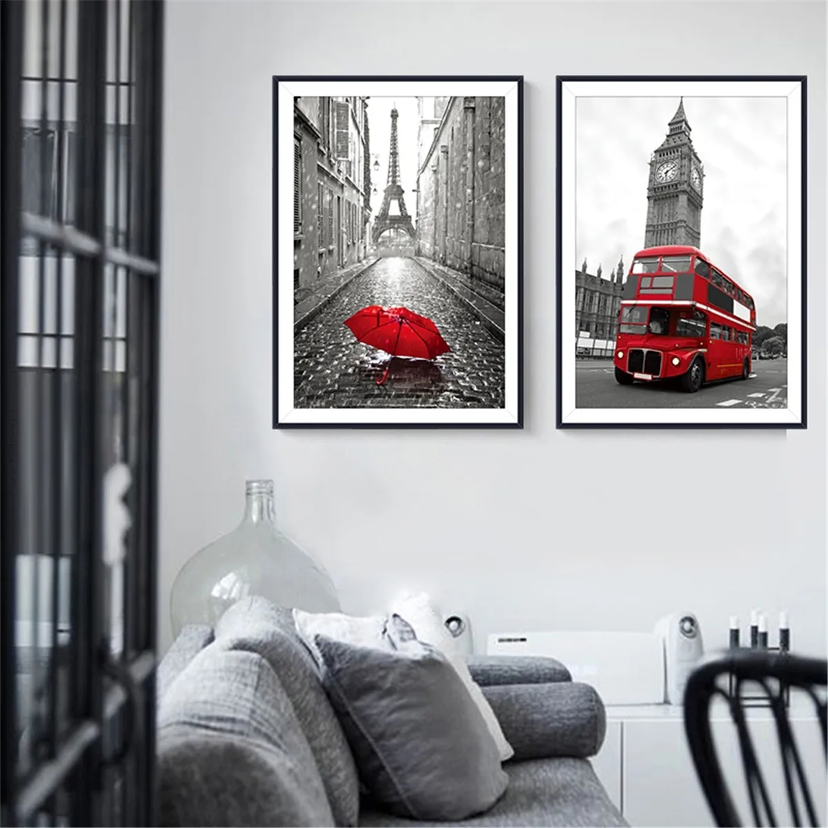 Londono Miesto Panoramos Autobusų Raudona Geltona Telefono Būdelė Plakatas Drobė Spausdinti Tapybos Sienos Meno Kambarį Namo Apdaila