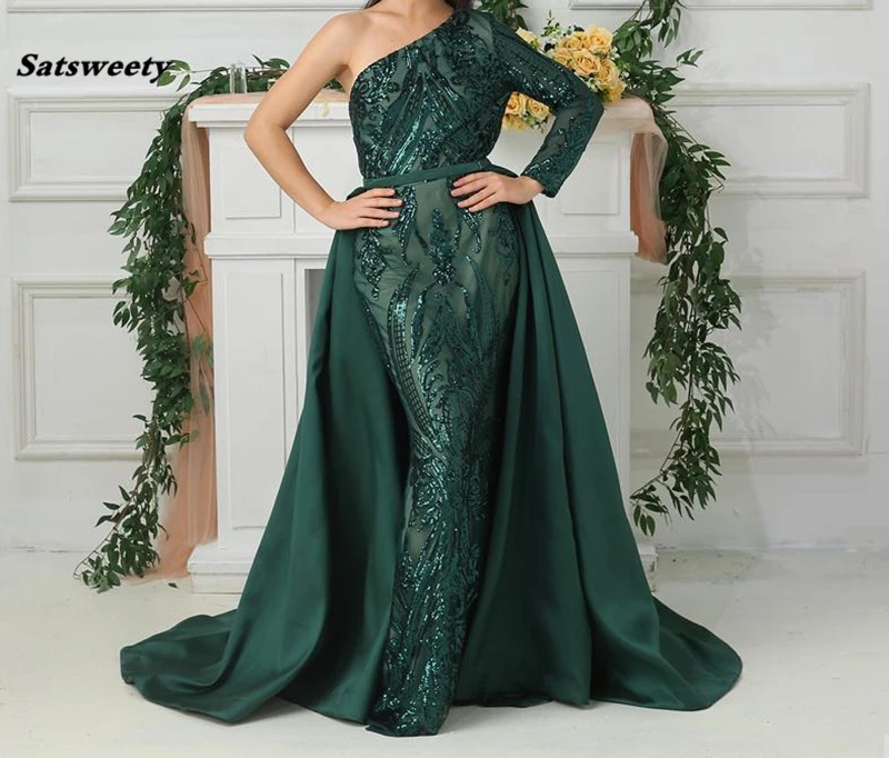 Prabanga Tamsiai Žalia, Vakaro Suknelės 2020 Vieną Petį Undinė Blizgučiais Promenadzie Suknelė Su Nuimamais Traukinio Užsakymą