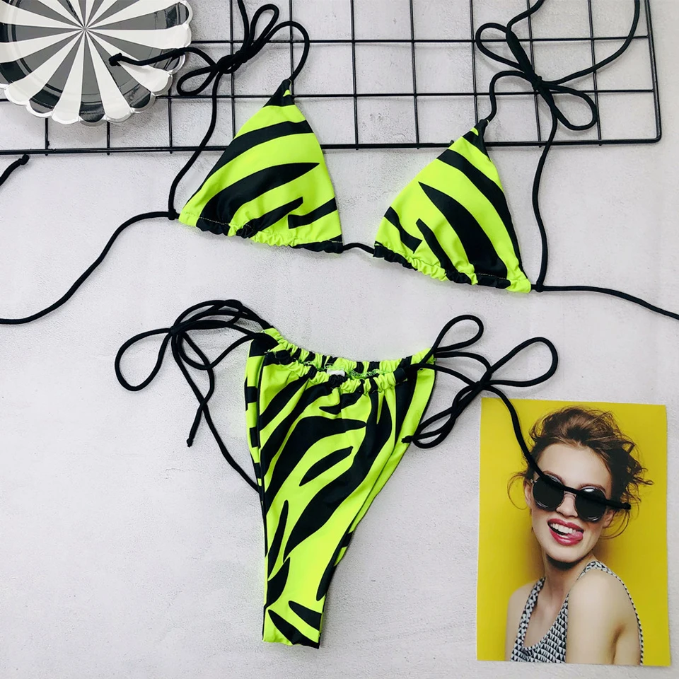 Karlofea Vasaros Micro Bikini Maudymosi Kostiumėlį Prašmatnus Spausdinti Neoninė Žalia Oranžinė Rožė Paplūdimio Apranga Nauja Seksuali Dirželis String Thong Maudymosi Kostiumai