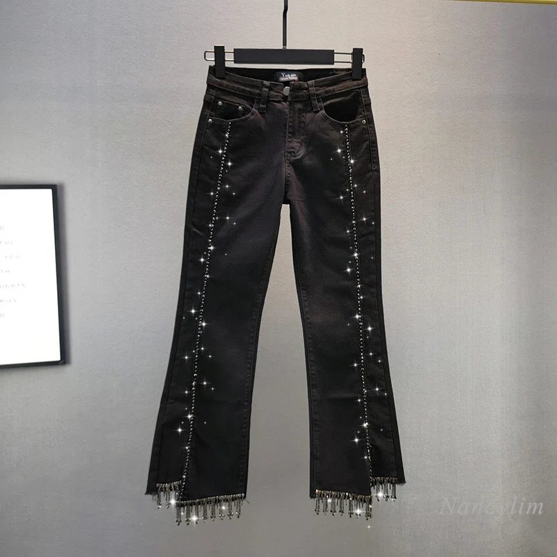 Nancylim Kristalų Tassled Džinsai Moterų Black Flare Džinsai 2020 M. Rudenį Naujų Elastinga Slim Fit Vidurio Juosmens Kelnės Lady Jean