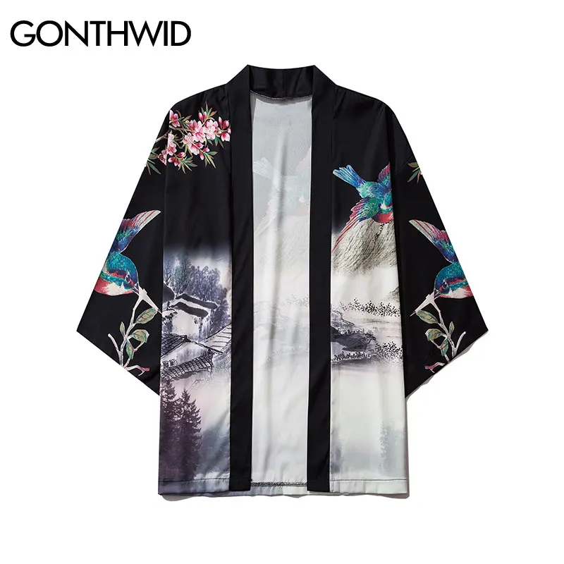 GONTHWID Kinų Peizažas Skraidančiu Paukščiu Spausdinti Japonų Kimono Megztinis Marškinėliai Striukės Atsitiktinis Atidaryti Priekiniai Kailis Streetwear