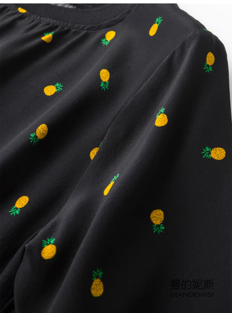 Moterų Gryno Šilko mielas apvalios kaklo trumpomis rankovėmis Ilga Suknelė Juoda ananasai M L XL MM004