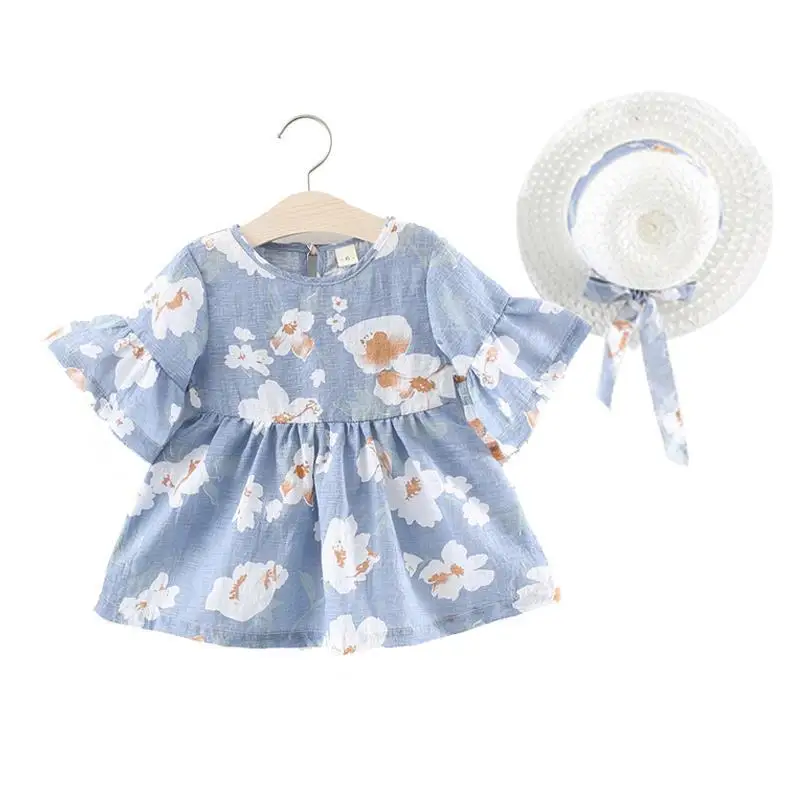 2020 m. Naujas Stiliaus Gėlių Spausdinti Maži Vaikai Suknelė Flounced Princesė Vaikų Drabužių 2vnt Rinkiniai Baby Girl Dress+sunhat vasaros