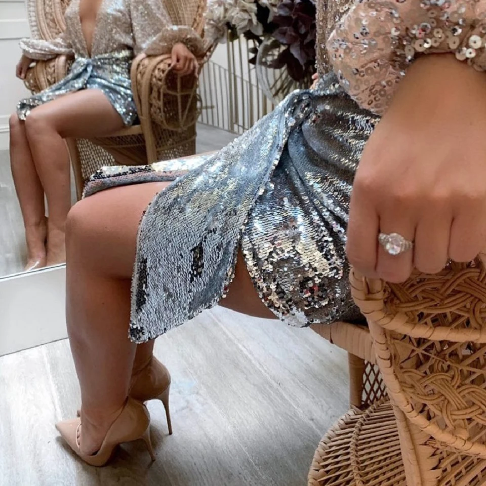 Karlofea Seksualus China Wrap Mini Sijonas Sidabro Blizgučiai Elegantiškas Outwear Nuosėdos Moterų Klubas Naktį Šalies Dėvėti Naujas Vasaros Dienos Sijonai