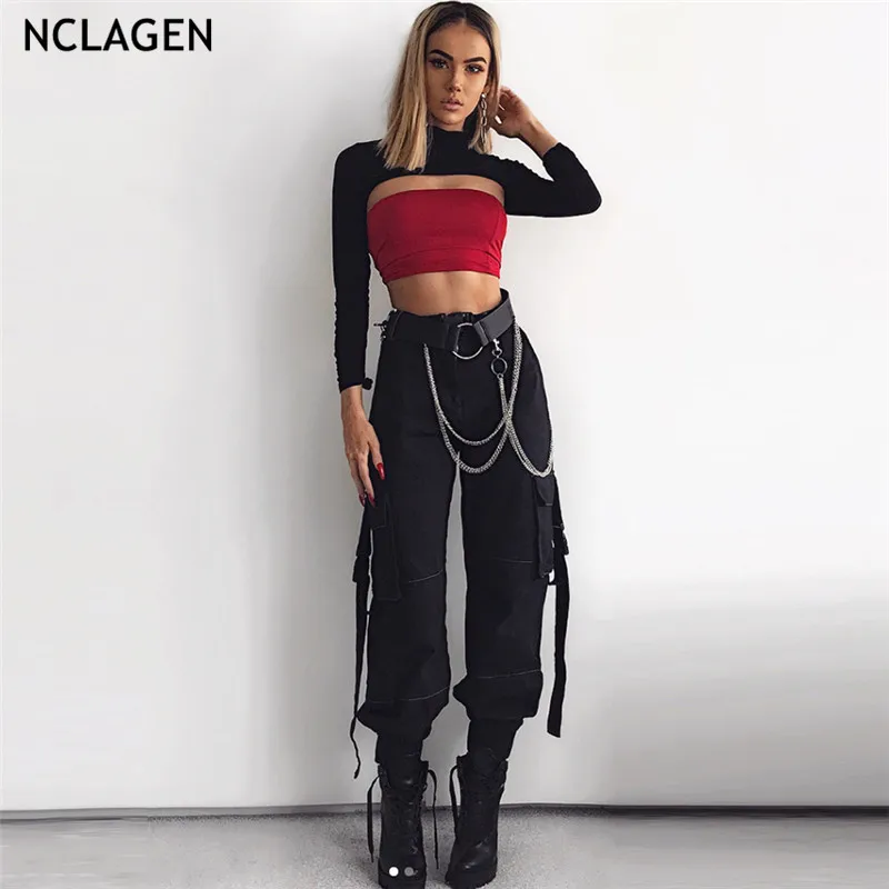 NCLAGEN 2021 BF Juostelės Multi Kišenės Moterų Krovinių Kelnės Atsitiktinis Palaidų Hip-Hop Kelnės Gatvės Mados Cool Lady Haremas Pantalons