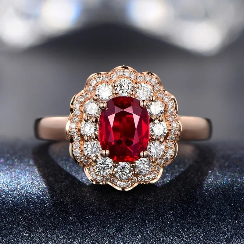 18K Rose Gold Raudona Rubino Žiedas Moterims 925 Sterlingas Sidabro Spalvų Gėlių Žiedai Cirkonis Diamond Engagement Brangakmenio Fine Jewelry