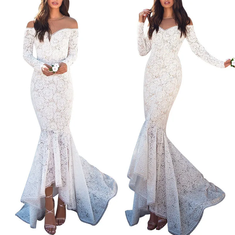 Elegantiška Baltųjų Gėlių Nėrinių Aplikacija Maxi Ilga Suknelė Vakare Ilgomis Rankovėmis Bodycon Nėrinių Šalis Undinė Suknelės
