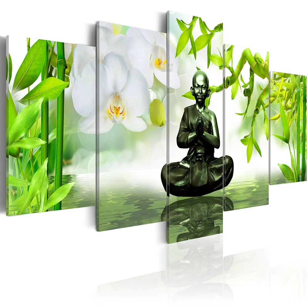 5 Skydelis Buda Sienos Meno Aliejaus Tapybai Spa Akmens Bambuko Orchidėjų Namų Apdailos Drobė Spausdina Nuotraukas, Kambarį( be Rėmelio )