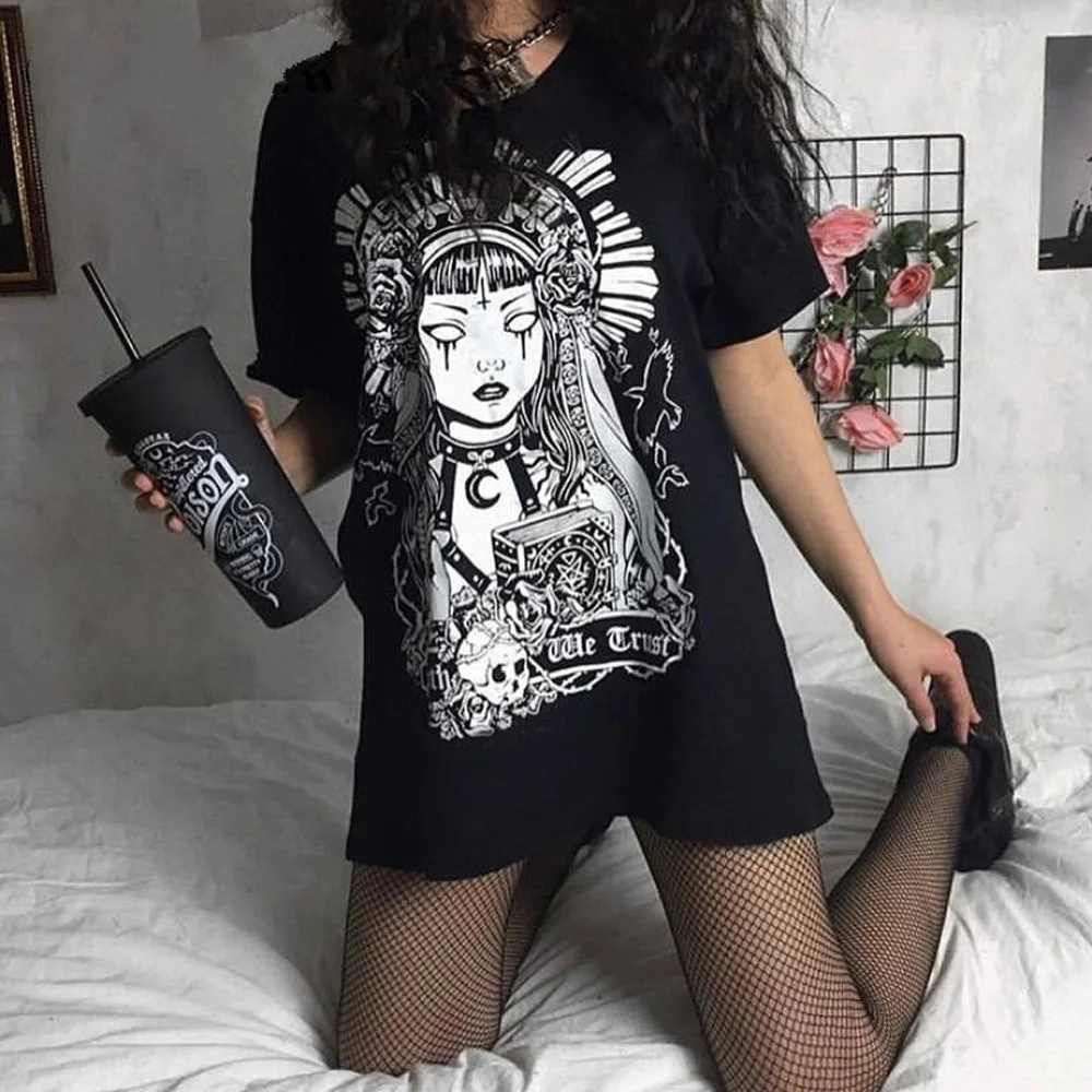 Gothic Black Tshirts Moterų Spausdinti Vasaros Mados Atsitiktinis Lady Viršūnes Tees Kaukolė Harajuku Streetwear Trumpas Rankovėmis Tee