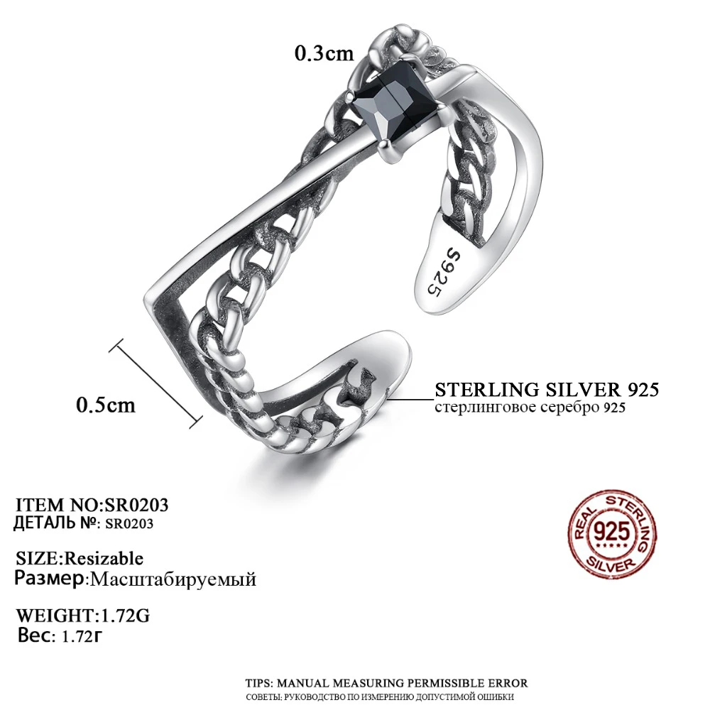 CZCITY Autentiški 925 Sterlingas Sidabro Nereguliarus Atidaryti Žiedai Moterims Vintage Mados Kubinis Cirkonis Reguliuojamas Žiedo Fine Jewelry