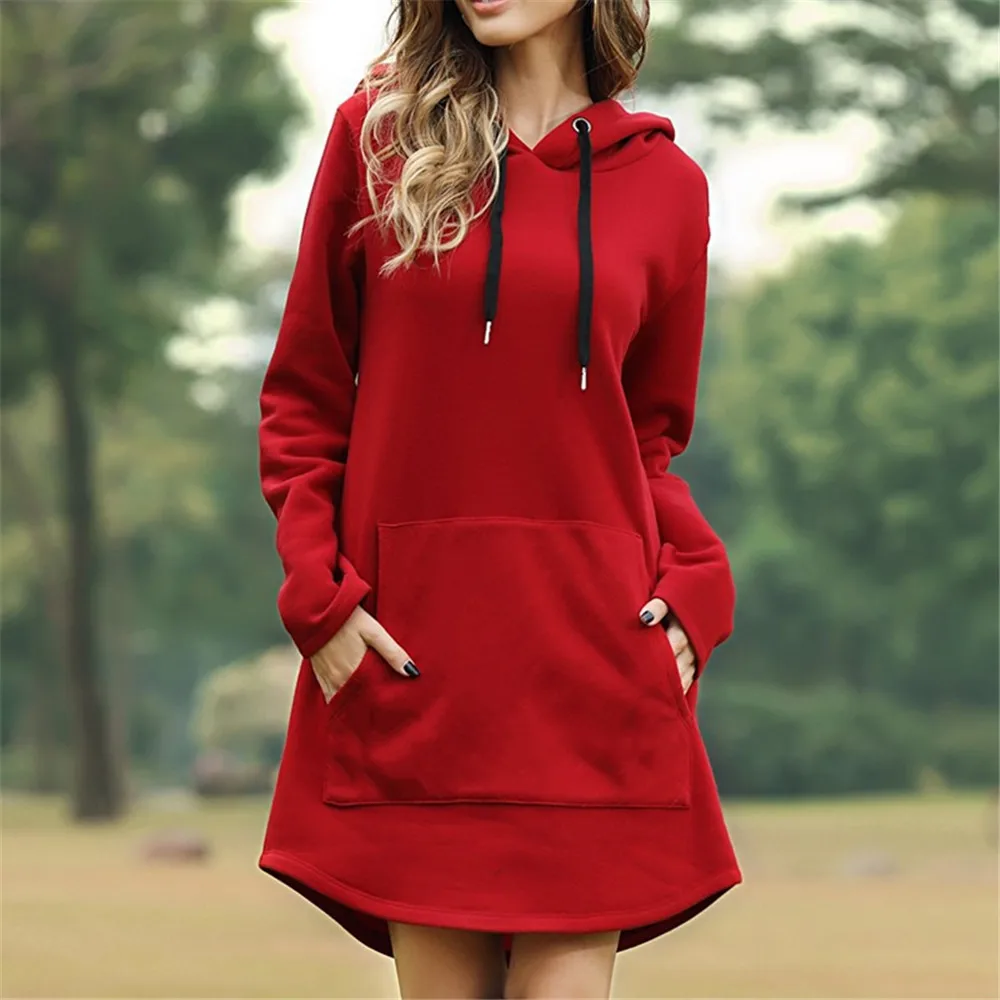 Senovinių Moterų Žiemos Suknelė ilgomis Rankovėmis su Gobtuvu Prarasti Atsitiktinis 3XL Plius Negabaritinių Moterų Drabužių 2020 Kišenėje Vamzdis Midi Raudonos Suknelės