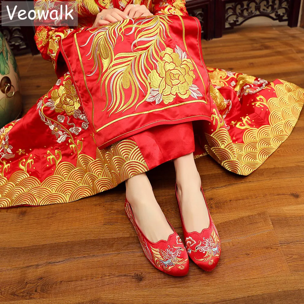Veowalk Vintage Stiliaus Kinijos Moterims Šilko, Siuvinėta Raudona Vestuvių Batai Aukštos Klasės Elegantiškas Ponios Patogus Vestuvių Butas Batai
