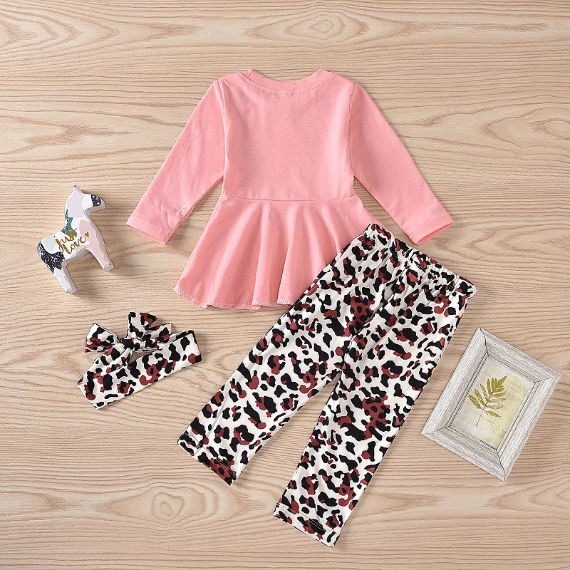 2020 m. Rudenį Mielas Kūdikis Mergaičių Drabužių Rinkinius, ilgomis Rankovėmis Suknelę, T-marškinėliai, Topai, Leopardas Ilgos Kelnės Lankelis 3PCS 0-3Y Naujas-gimęs