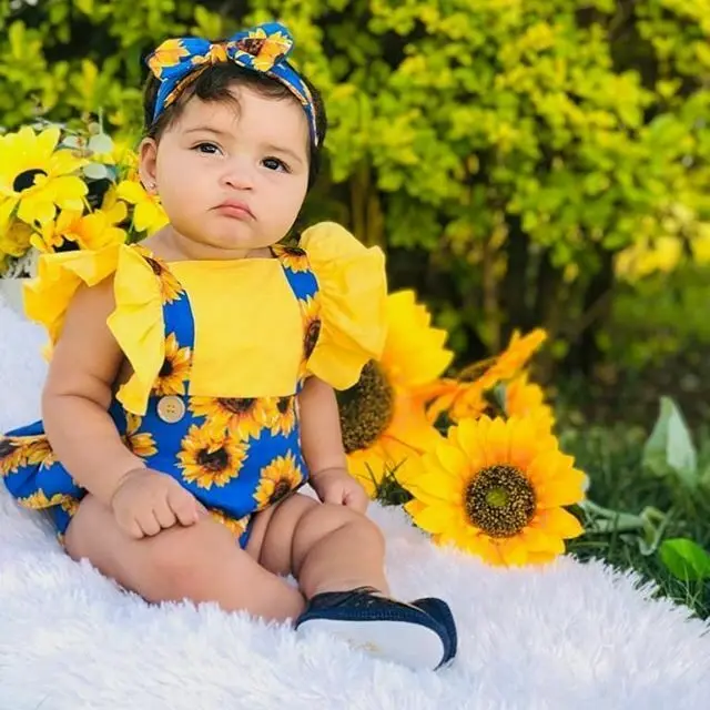 Emmababy Kūdikiui Baby Girl Saulėgrąžų Pynimas Romper Jumpsuit 2VNT Komplektus Drabužių Vasaros
