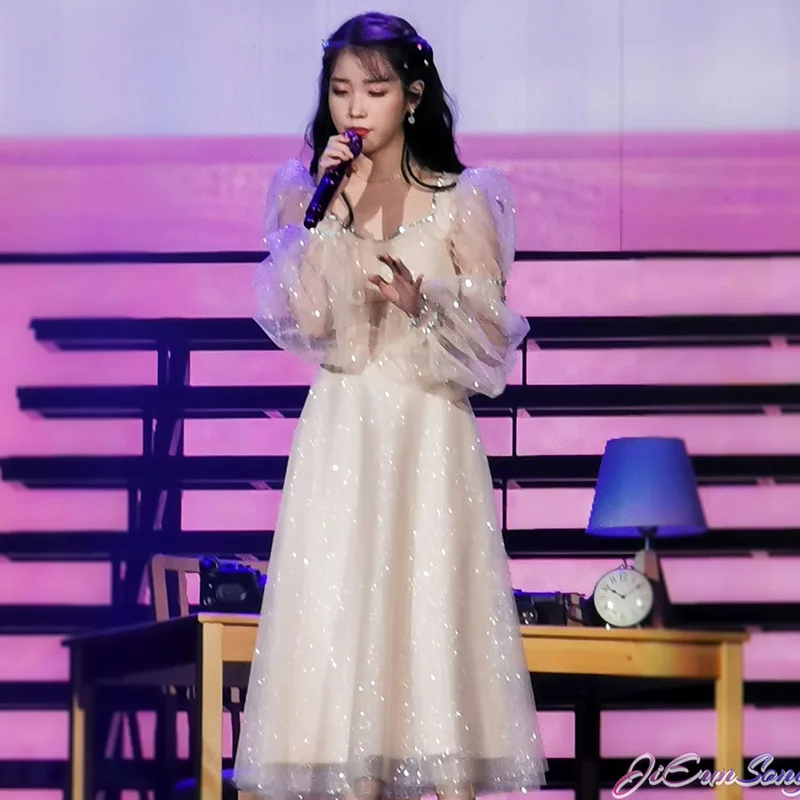 Kpop IU Lee Ji Eun pavasario Akių sluoksniuotos rankovėmis ir juosmens temperamentas suknelė moterims Vakare šalies elegantiškas Paprastu būdu lady ilgos suknelės