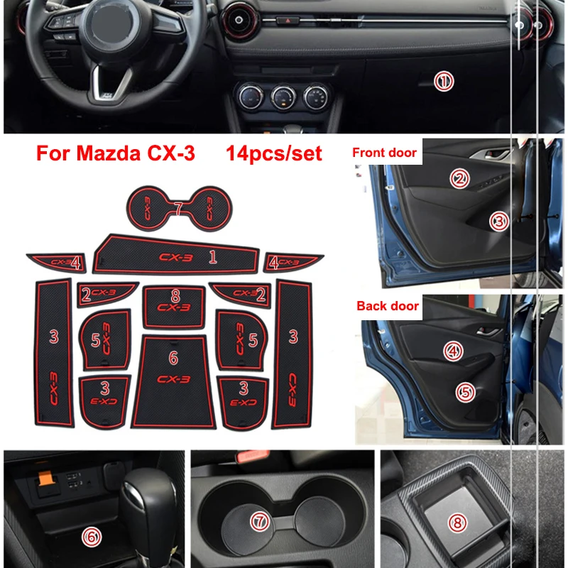 Gumos Automobilių Durų Kilimėlis Anti-slip Puodelio Padas Mazda CX-3 CX3 CX 3 14pcs Vidaus Apdaila, Vartų Angą Trinkelėmis Priedų