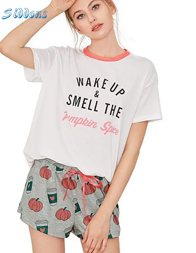SIDDONS Moterų Kaktusas Spausdinti Pižama Nustatyti Medvilnės Mergina Atsitiktinis Šortai trumpomis Rankovėmis T-Shirt Sleepwear naktiniai drabužiai Nustatyti Pyjama Mujer Femme