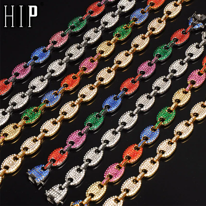 HIP-Hop Multi-color Plotis Lediniame Iš Rhinestoned 13MM 20CM Aukso Kavos Pupelės Nuorodą, Grandinės, Apyrankės, Grandinės Vyrų Papuošalai