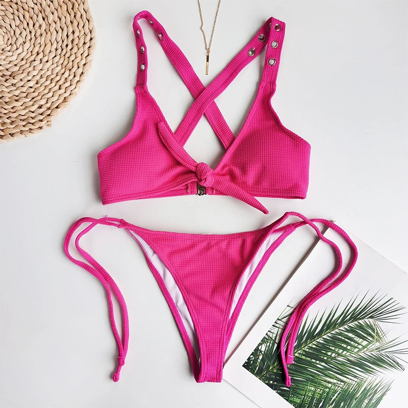 Peachtan Seksualus briaunoti bikini 2020 Rožinė mazgas dviejų dalių maudymosi Aukštos cut eilutę, maudymosi kostiumėliai moterims, Backless apynasrio maudymosi kostiumas Naujas