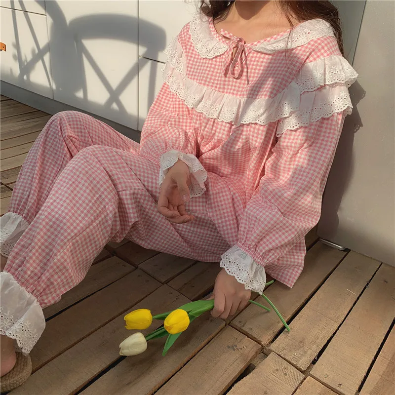 Moterų pižama rožinės spalvos pledas namų drabužius 2 dalių komplektas išgalvotas nėrinių lolita princess sleepwear prarasti viršuje ziajać pijamas mielas homewear Y274