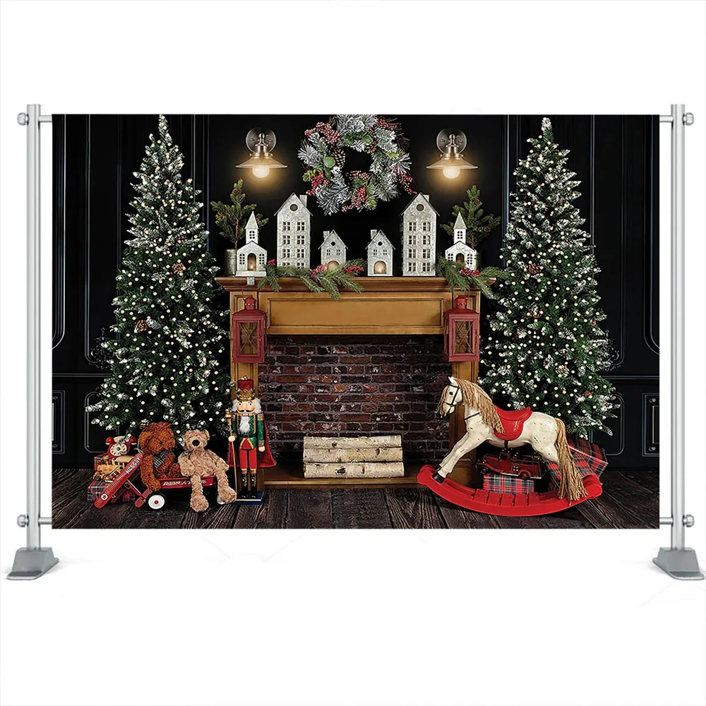 Kalėdų Naujagimių Fotografijos Fone Rudos Plytų Sienos Vainikas Kalėdų eglutės Fone Žaislas, arklys vaikas Dekoras Reklama