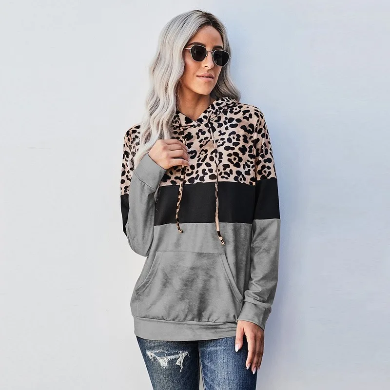 Nauja Rudens Žiemos Moteris Hoodie Palaidinukė Moterų Susiuvimo Leopard Ilgomis Rankovėmis Streetwear Hoodies Viršūnes Rudenį Moteriški Drabužiai