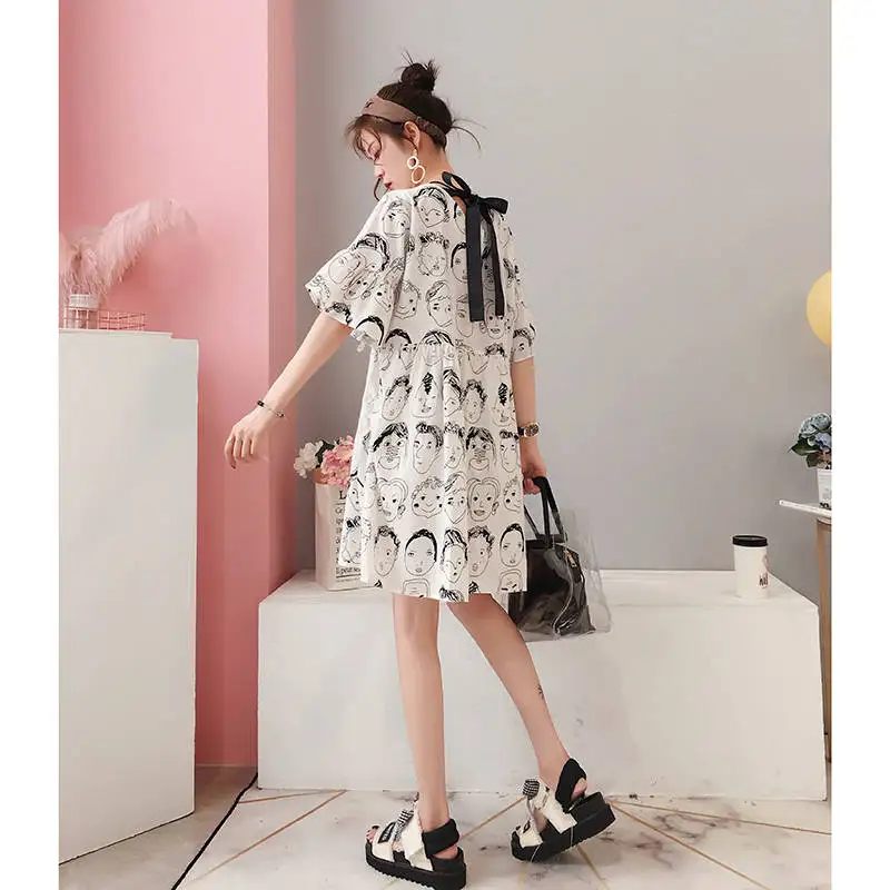 Moterų Elegantišką Animaciją Prinnt Suknelė trumpomis rankovėmis O kaklo moterų atsitiktinis mados chic suknelės vestidos 2019 Harajuku Kawaii Suknelė