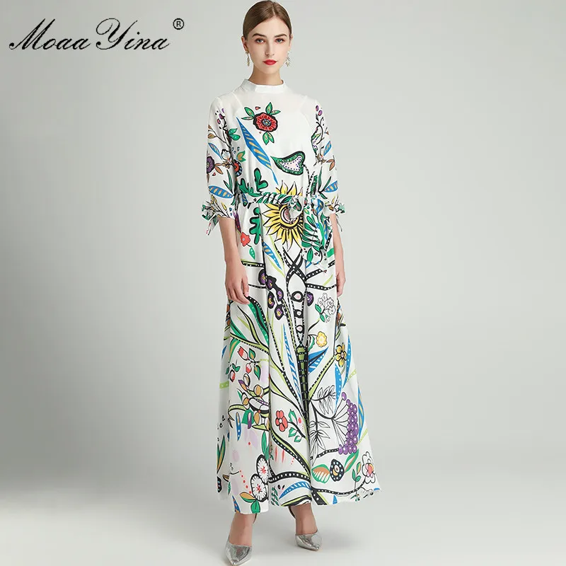 MoaaYina Mados Dizaineris suknelė Pavasarį, Rudenį Moterų Suknelė Zawalcowany Indie Folk Floral-Print Prarasti nėriniai-up Maxi Suknelės