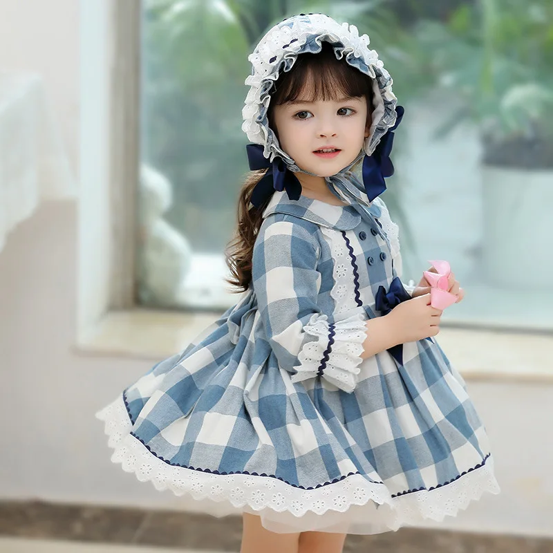 Yoliyolei ilgomis Rankovėmis Pledas Lolita Dress Blue Spainish Atsitiktinis Vaikų Skrybėlę Girl Lolita Retro Vaikai Suknelės Pavasarį Rudenį