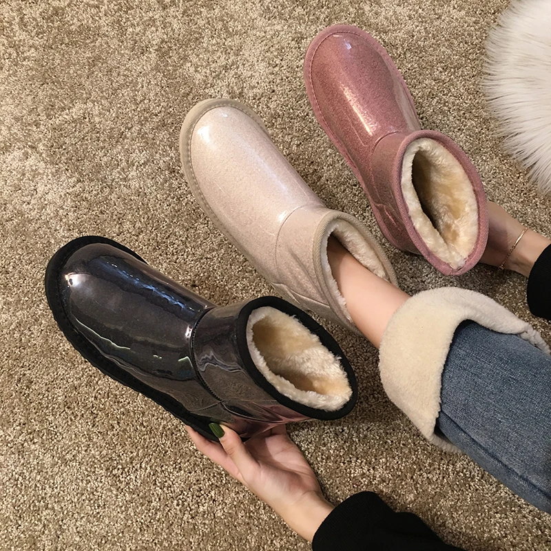 Moterų batai sniego batai 2019 m. rudens ir žiemos naujas lakinės odos, plastiko šiltas plius aksomo, storas, neslidus medvilnės batai