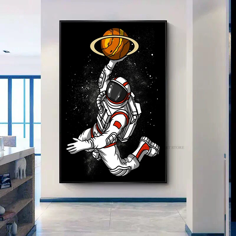 Įdomus Meno Astronautas Žaisti Krepšinį Erdvėje Drobės Tapybos Plakatai ir Spausdina Sienos Menas Nuotraukas Kambarį Apdaila
