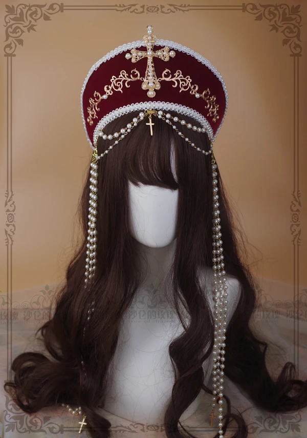 Rankų Lolita Virgin plaukai karūna Tudor karūna lankelis retro Cosplay Gothic Lolita Kryžiaus Suede Grandinės Klasikinio Teismas Retro Varna