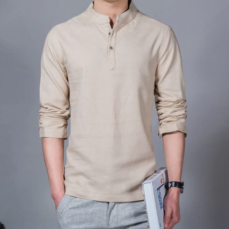 Vyriški prekės ženklo asmenybės gryna spalva mados ilgomis rankovėmis verslo atsitiktinis marškinėliai lino Kinų stiliaus mens marškinėliai backwoods