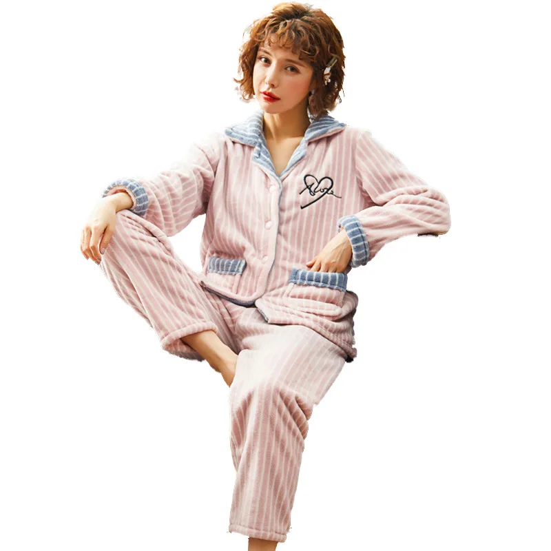 Didelis Mergina 2vnt Pijamas Mujer Laisvalaikio Studentų Pajama Moterų Pajimas Rinkiniai Žiemos Flanelė Storio Koralų ilgomis Rankovėmis Mielas Sleepwear