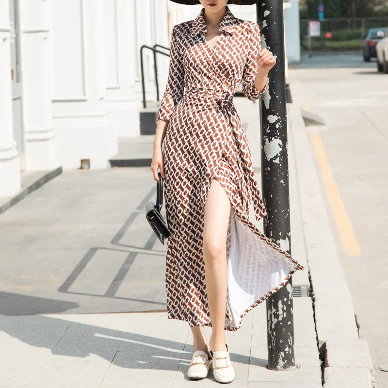 Korėjos Juosmens Ilga Suknelė elegantiškas Suknelė Su 2020 M. Sezono Grandinės Spausdinimo V Švino Paketo Tun Xianshou Moteris casual dress satino dres