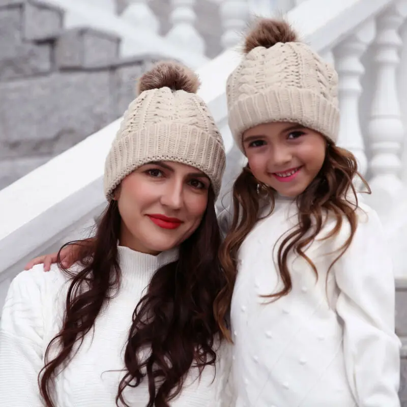 Emmababy Moteriški Motina Kūdikį Atitikimo Mezgimo Pom Bobble Skrybėlę Vaikai Žiemą Šiltas Beanie Kepurė
