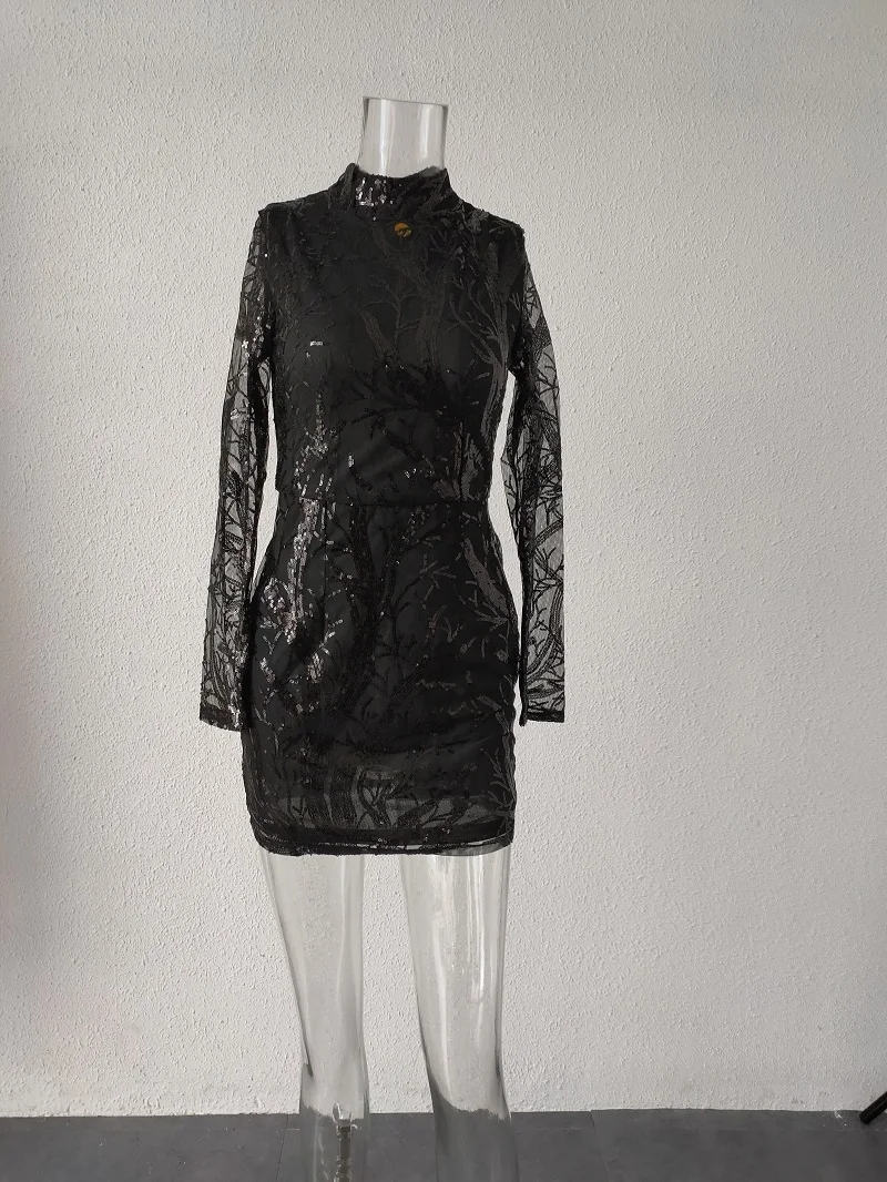 Tosheiny 2020 m. Moteris Seksuali Aukšto Kaklo, ilgomis Rankovėmis China Suknelės Moterų vientisos Spalvos Elegantiška Mini Suknelė Vestdios NE1866